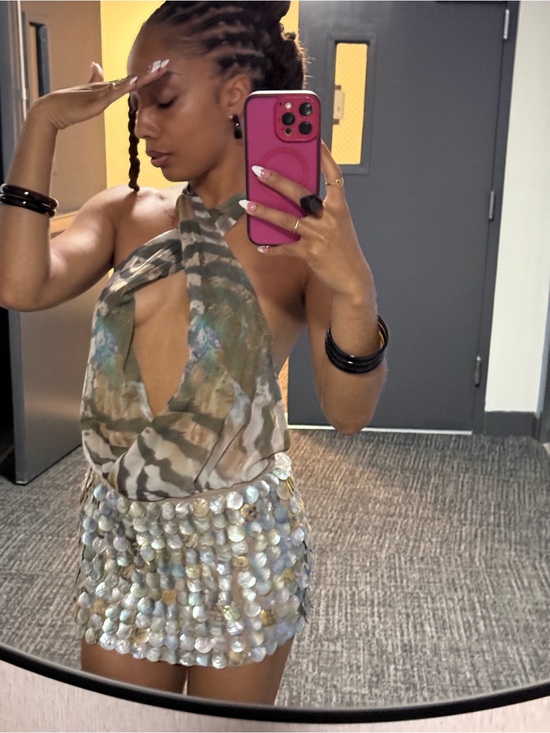 Jaded London Dresses & Skirts - Iridescent Shell Mini Dress with Animal Print Halter Top - Green & Pearl Tones
